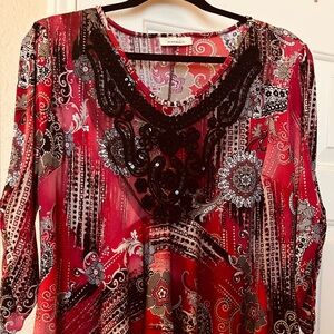 Dress Barn Vibrant Red and Black Patterned Blouse